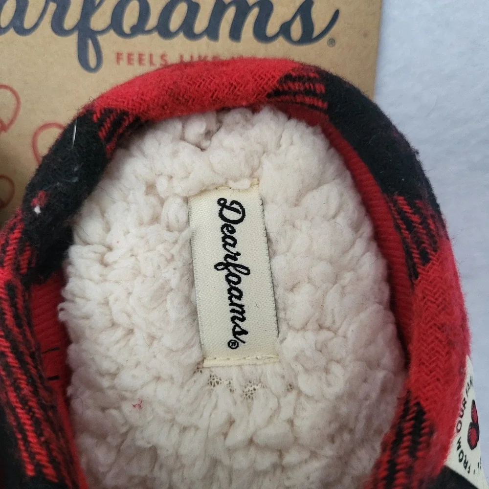 Dearfoams Lil bear Slippers Kids Buffalo Plaid Red Black Memory Foam Sherpa 13/1